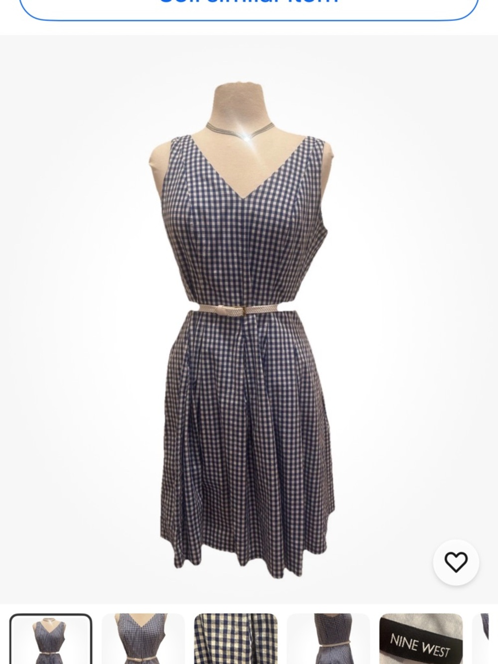 Women’s NINE WEST Blue White Gingham Dress w Belt Size 10